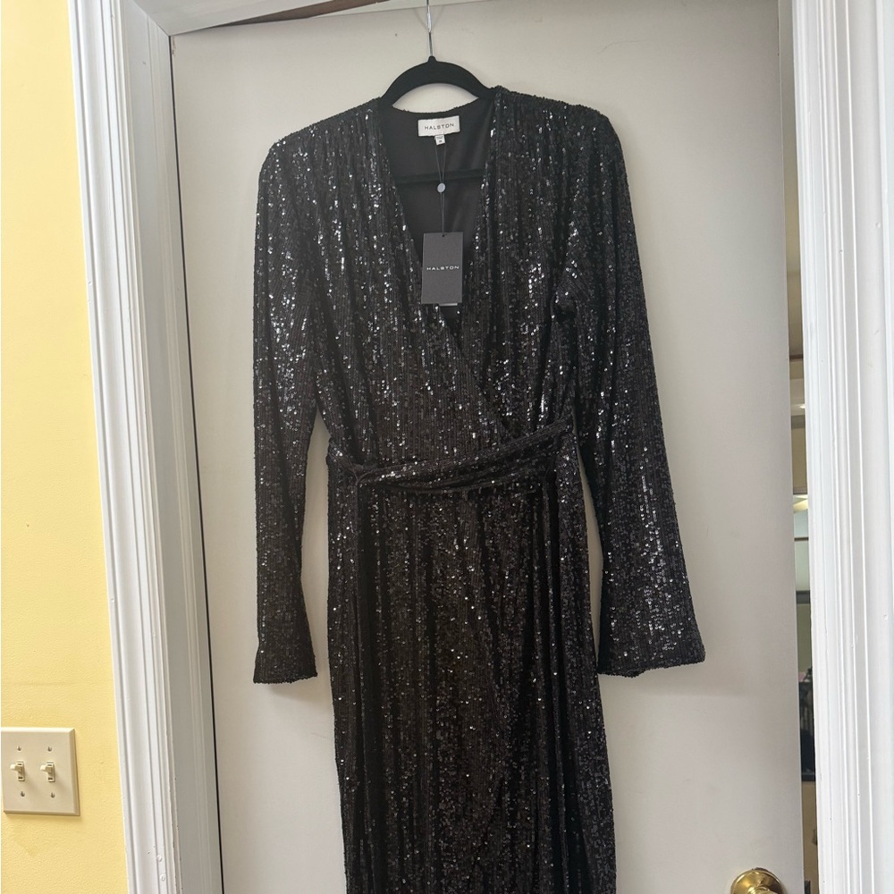 HALSTON Shimmering Black Long Sleeve Dress